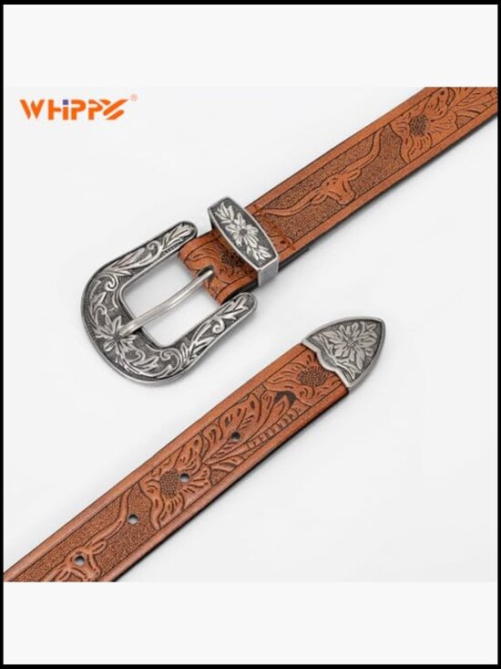 Vintage Western Belt Floral Carved Buckle Leather Waist Accessory Y2K main image 4